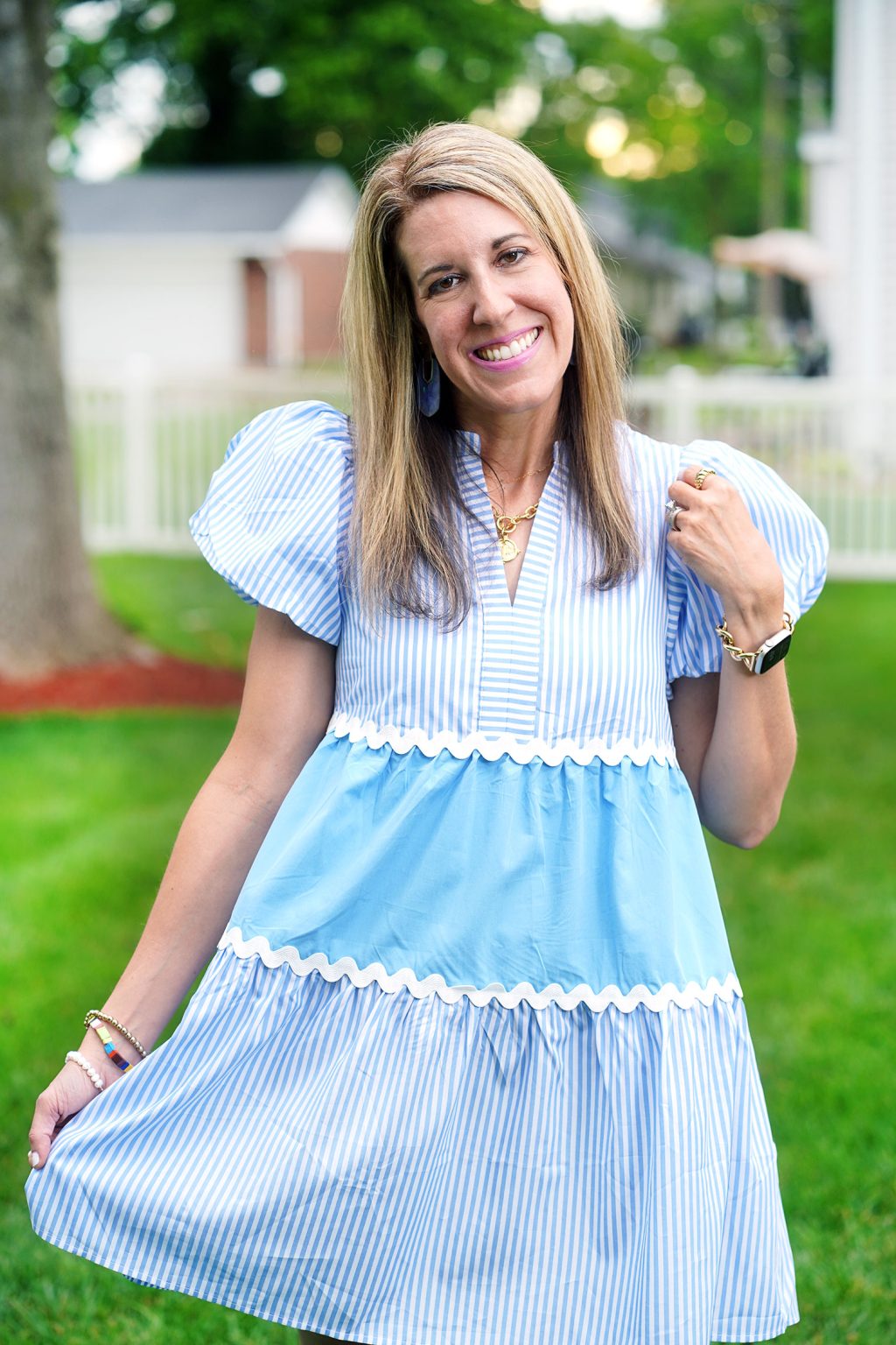 3 Trendy Summer Looks Rick Rack Trim Dress in Sky Blue, Textured