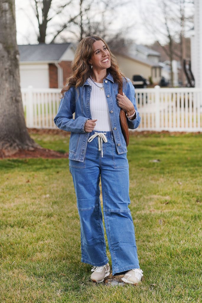 Early Spring Double Denim Outfit with a Denim Shacket & Wide-Leg Jeans