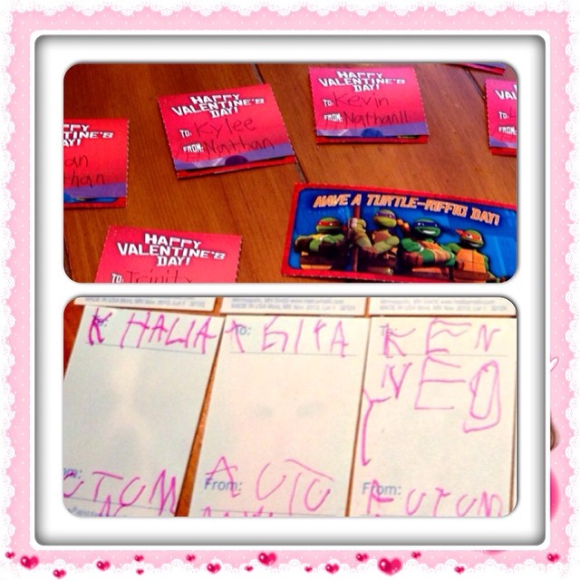 Valentine cards done!! You can definitely tell the progress of a 2nd grader (above) and preschool 4'er (below) in terms of their writing abilities. Nathan did all of his cards without any help this year and Autumn almost wrote out all of her puppy and kit