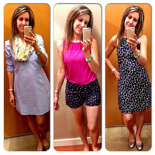Hit my usual stores (Banana Republic, Gap, J. Crew and ON) today at the outlet stores. I shopped and shopped and shopped... Wow, I scored some deals. Here are a few dressing room selfies... I am really digging all the anchor pieces and got several for me 