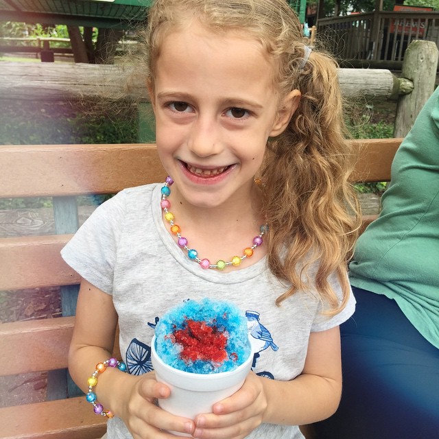 This is going to be messy... ❤️💙🍒👧 #grantsfarm #summerfun #snocones