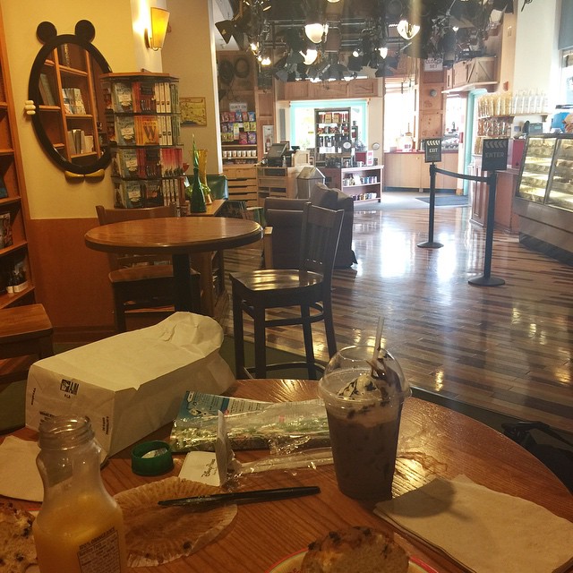 Got to Hollywood Studios early this morning to sign both kids up for the Jedi Training (will be Aut's first time, hope she doesn't chicken out). Now the boys are doing Tower of Terror and Aut and I are enjoying a quiet breakfast (and an iced mocha latte f