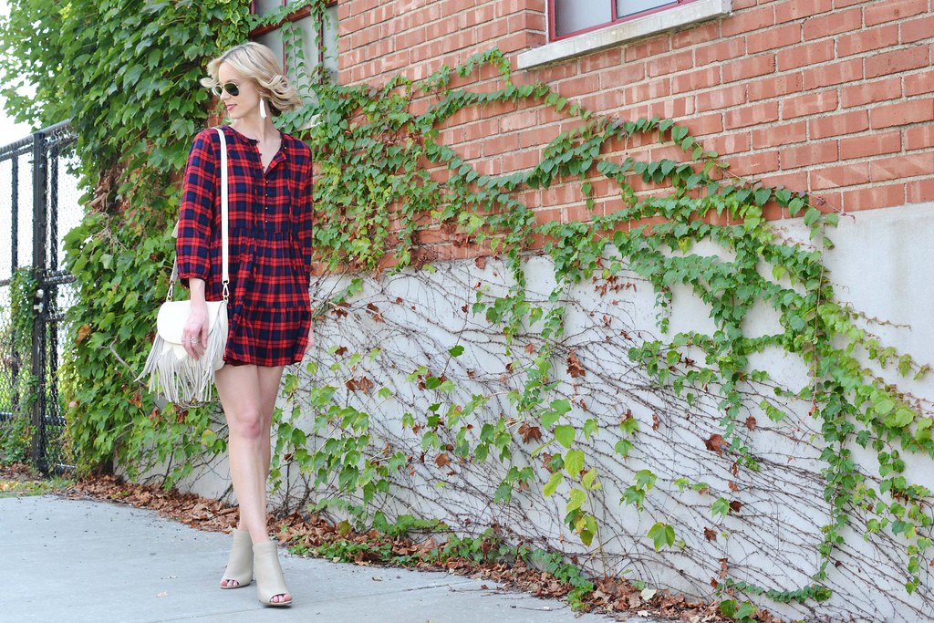 plaid-dress-booties-fringe-bag-aviators-tassel-earrings
