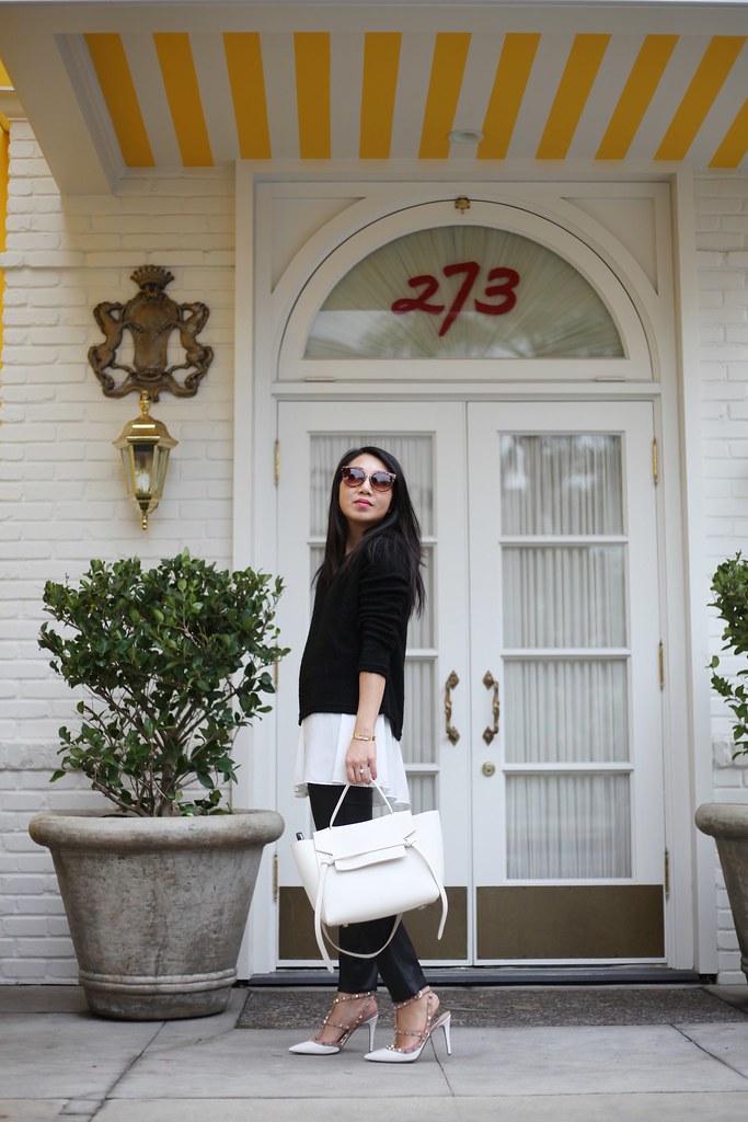 poshclassymom-goodnight-macaroon-layered-sweater-shein-faux-leather-pants-celine-belt-bag-valentino-rockstud-minimal-black-and-white-sytle-1