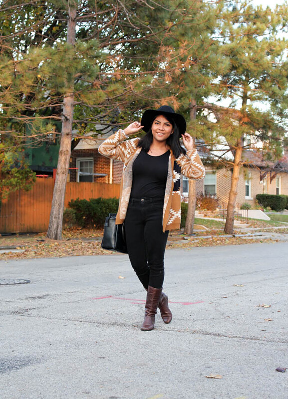 tall boots and cardigan