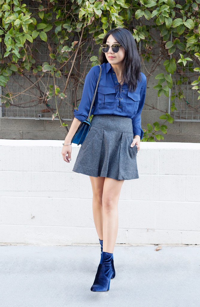 poshclassymom-lacademie-safari-lace-up-blouse-vince-wool-mini-skirt-steve-madden-velvet-ankle-boots-gucci-dinoysus-monday-blues-5