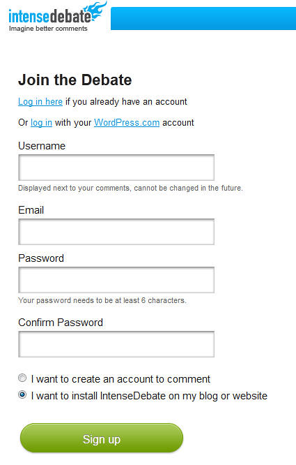 Intense Debate Login Sign up screen